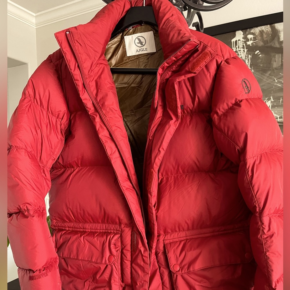 AIGLE men’s red puffer jacket with 700 down fill and Gore-Tex Windstopper tech.